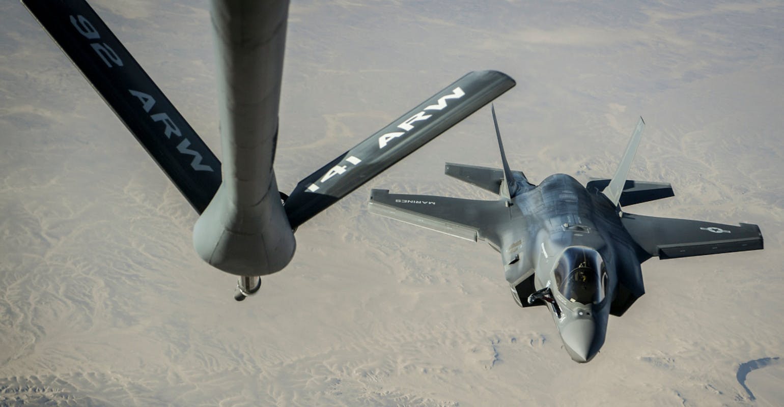 A U.S. Marine Corps F-35B Lightning II assigned to the Marine Fighter Attack Squadron 211, 13th Marine Expeditionary Unit, approaches the boom of a KC-135 Stratotanker assigned to the 28th Expeditionary Air Refueling Squadron to receive in flight fuel during an aerial refueling mission over Afghanistan, Sept. 27, 2018.