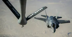 A U.S. Marine Corps F-35B Lightning II assigned to the Marine Fighter Attack Squadron 211, 13th Marine Expeditionary Unit, approaches the boom of a KC-135 Stratotanker assigned to the 28th Expeditionary Air Refueling Squadron to receive in flight fuel during an aerial refueling mission over Afghanistan, Sept. 27, 2018.
