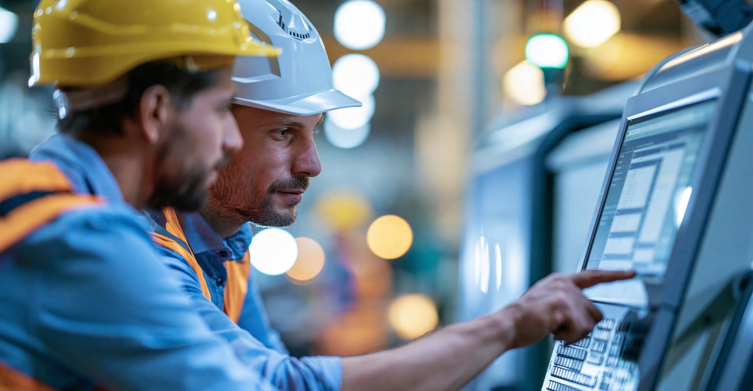 Engineer and apprentice working together on a computerized cutting machine.