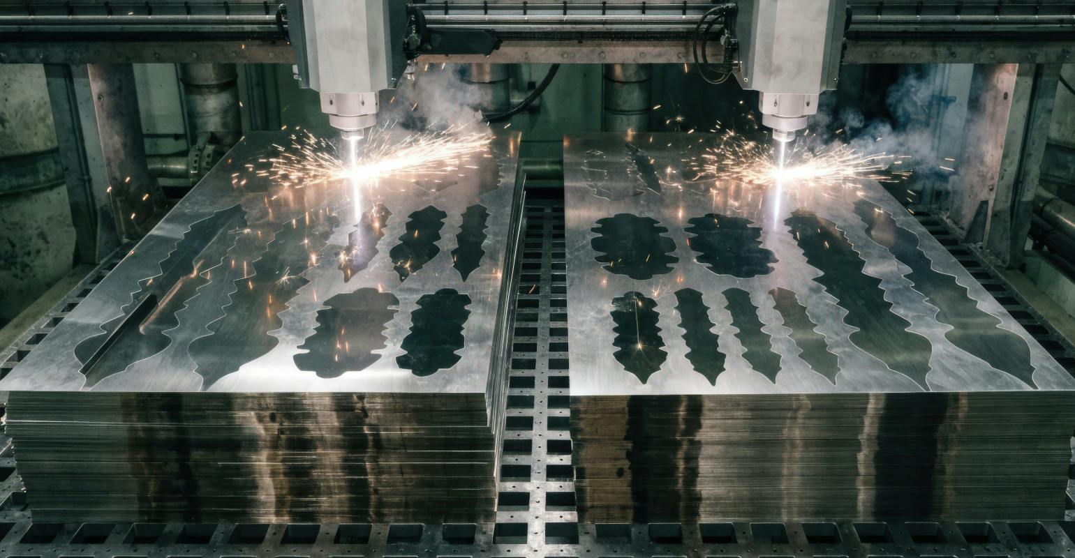 Nested blanks being cut by laser.