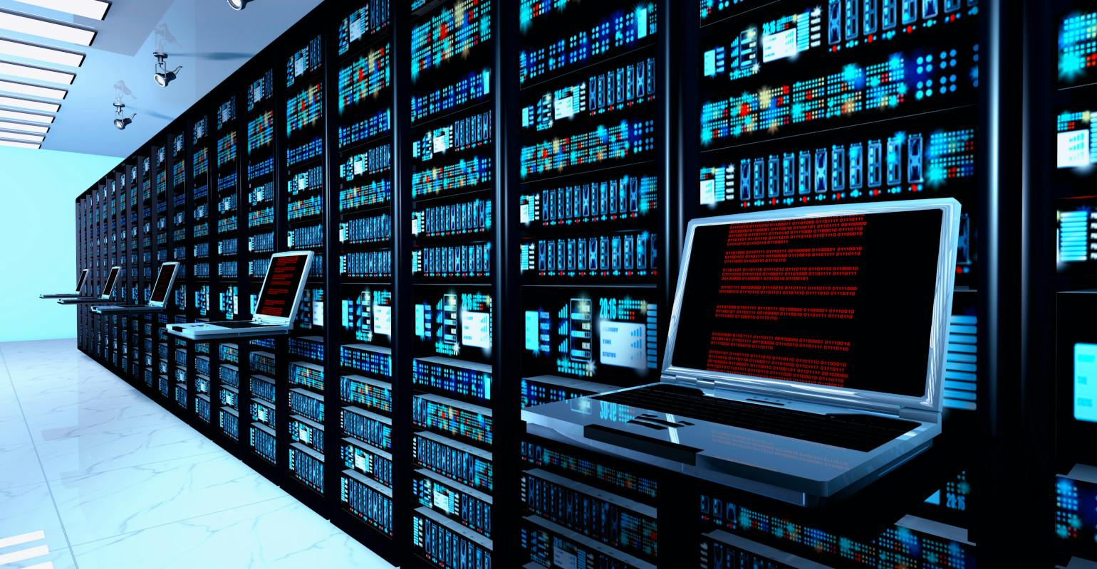 Server room with server racks in a datacenter.