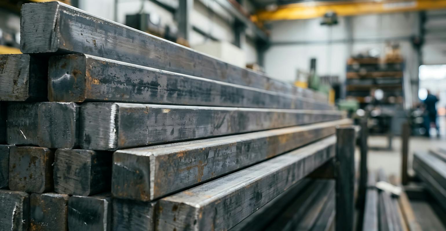 Industrial steel bars stacked in a factory.