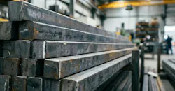 Industrial steel bars stacked in a factory.